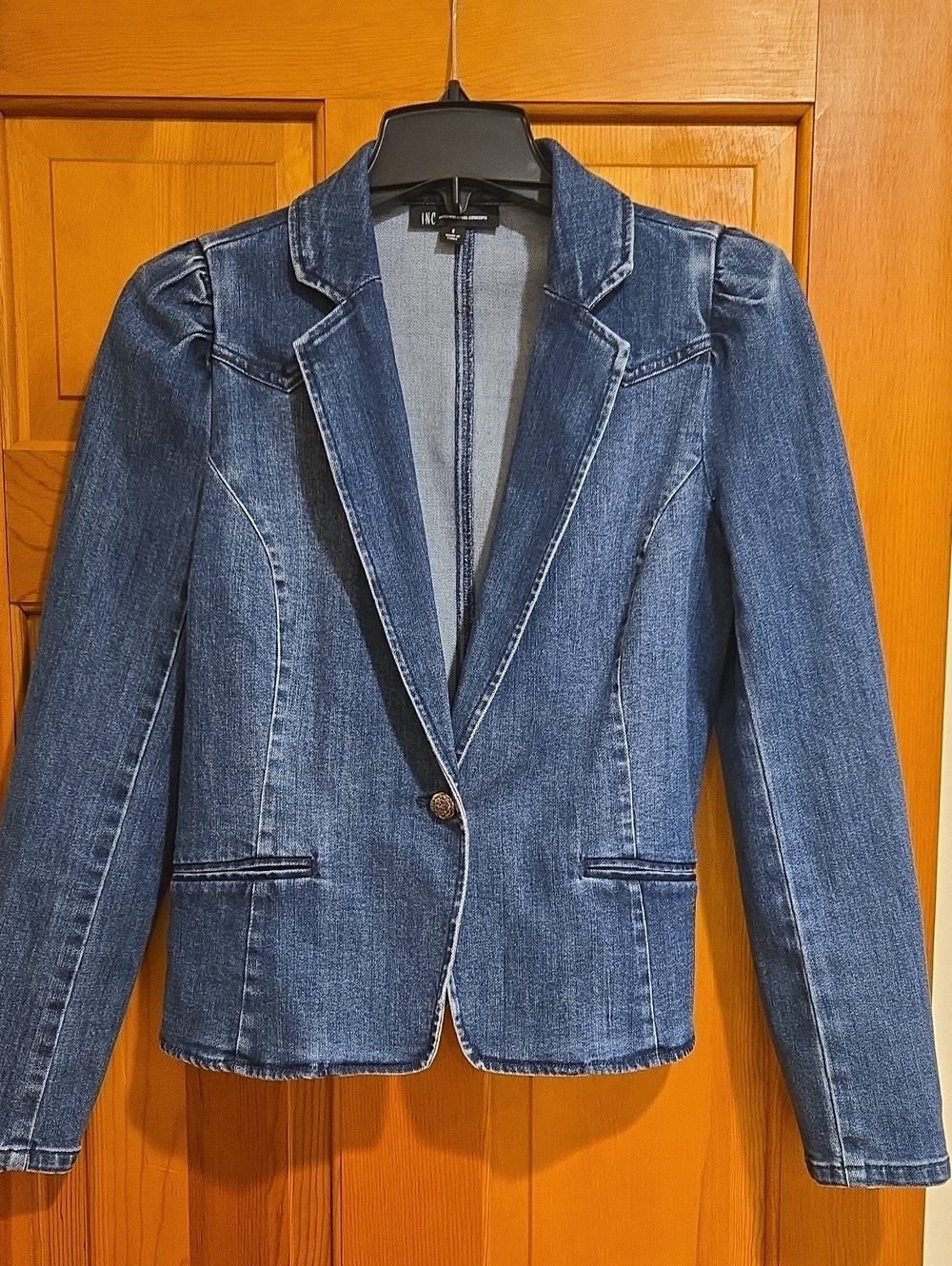 INC International Concepts Dark Blue Denim Blazer with Puff Shoulders